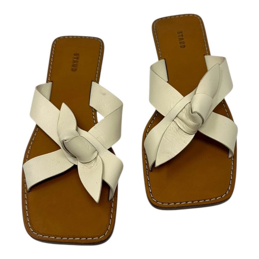 STAUD White Knotted Leather Slide Sandals Size 38 Designer Flat Slides Italy